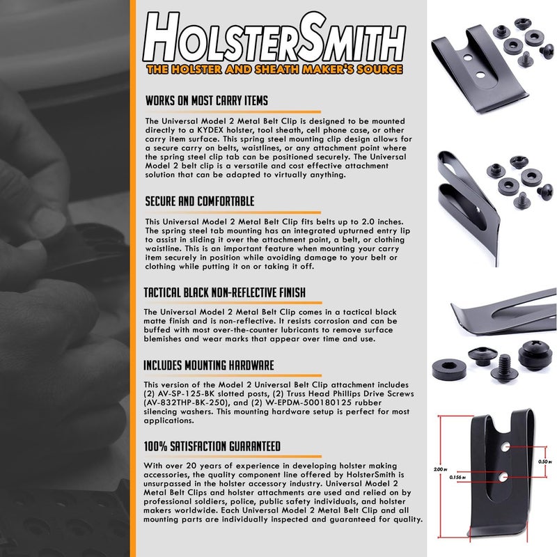 Holstex HolsterSmith Universal Metal Belt Clip - fits up to 2.0 inch Belts - Nickel & Black Finish – with Mounting Hardware - Image 4